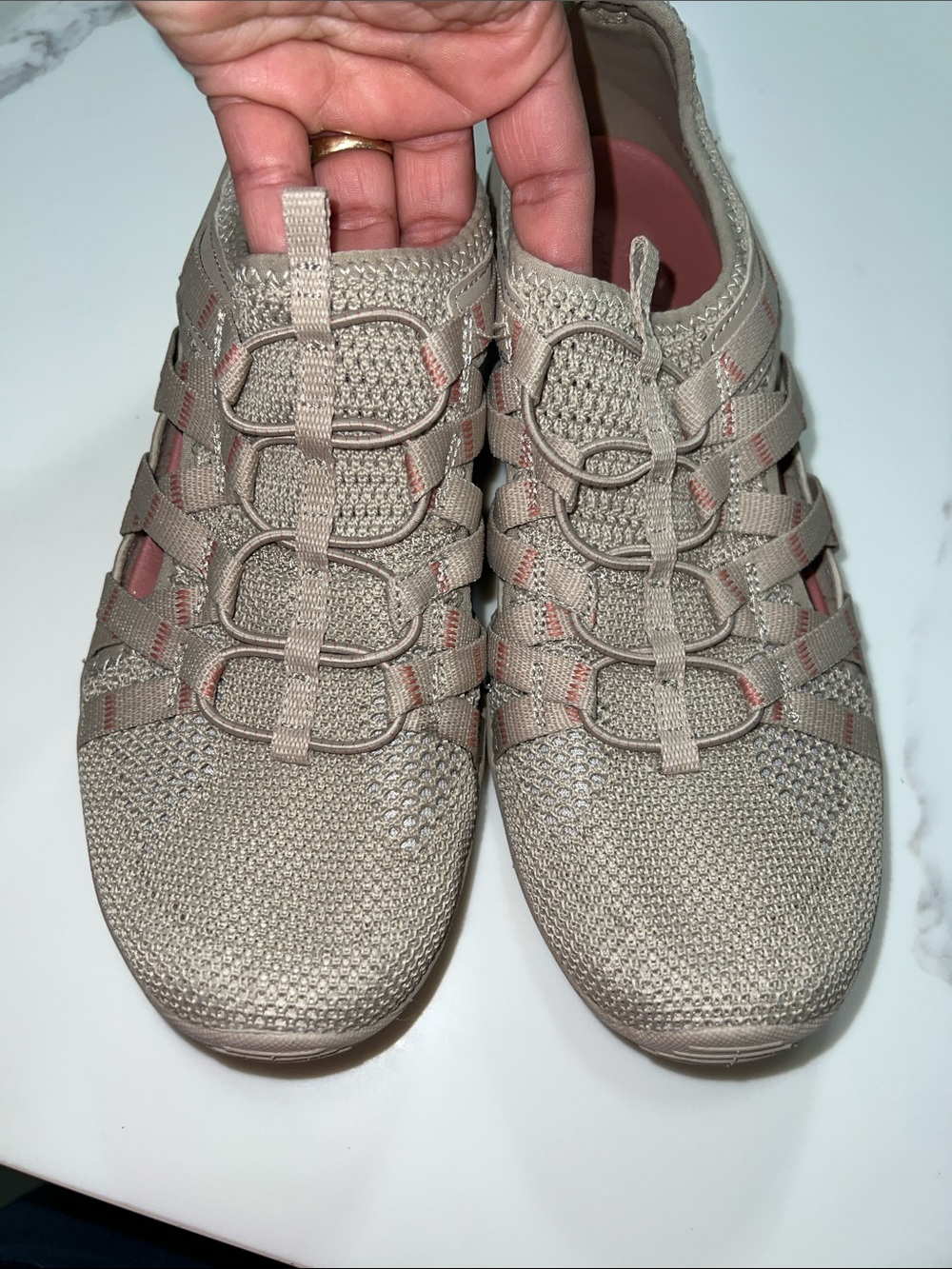 Skechers Taupe Knit Slip-On Athletic Sandal with Pink Accents